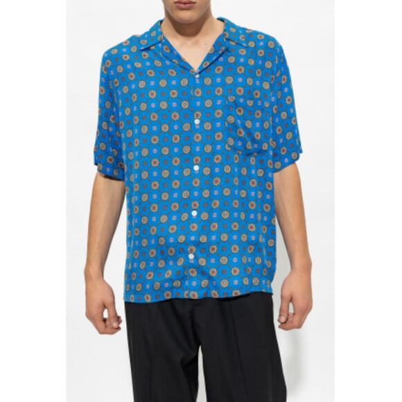 ALLSAINTS Emblem Patterned Relaxed Fit Short Sleeve Blue Shirt NOWT - Picture 2 of 7